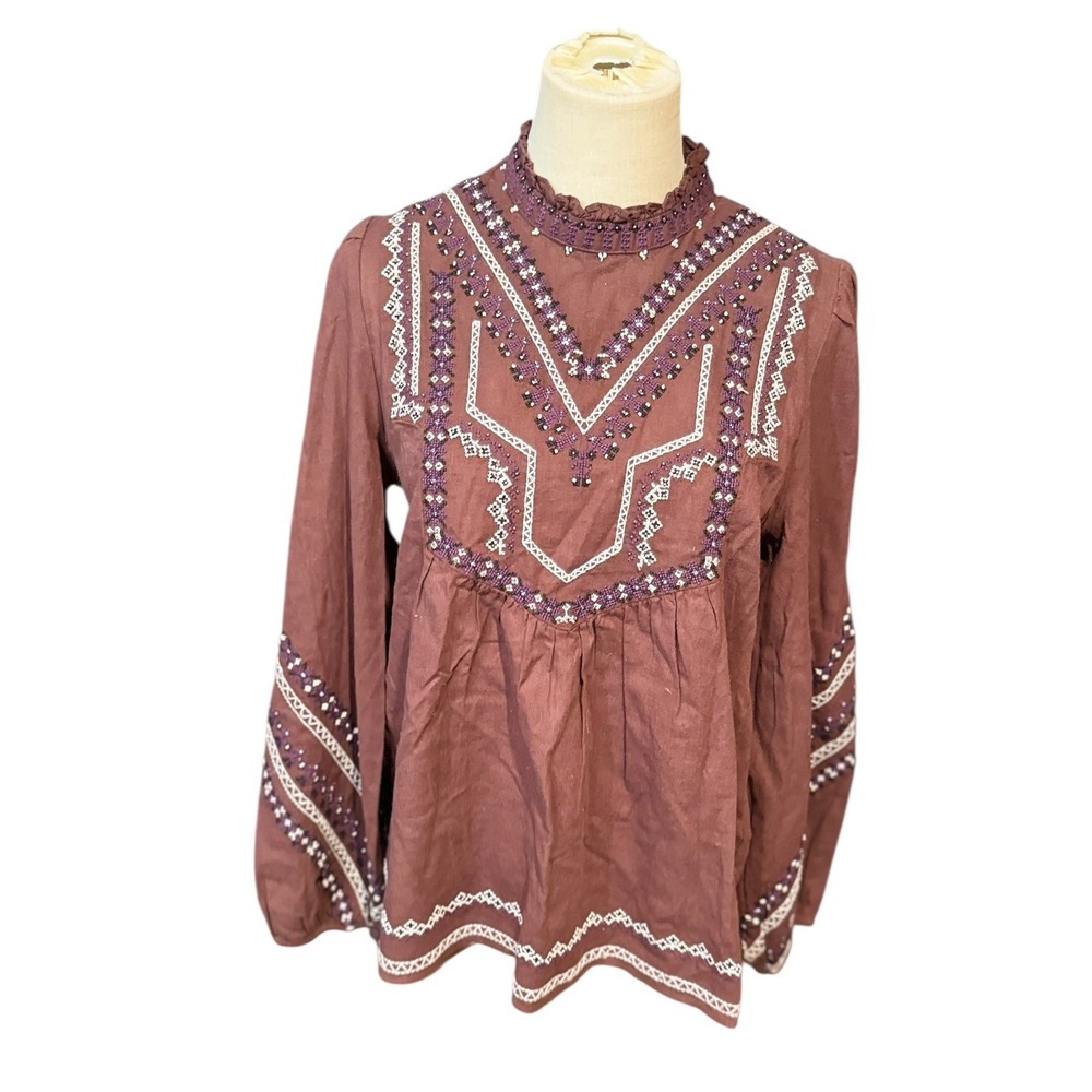 Zara Brown Cotton Linen Embroidered Mock Neck Boho Peasant Blouse Top